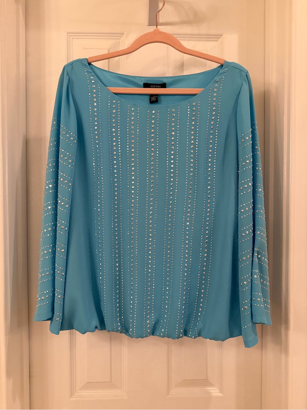 Alfani Y2K Turquoise Rhinestone Bell Sleeve Blouse Size 8